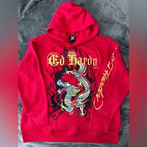 #254 (NWT) (AUTHENTIC) ED HARDY HOODIE. Red and gold colors.